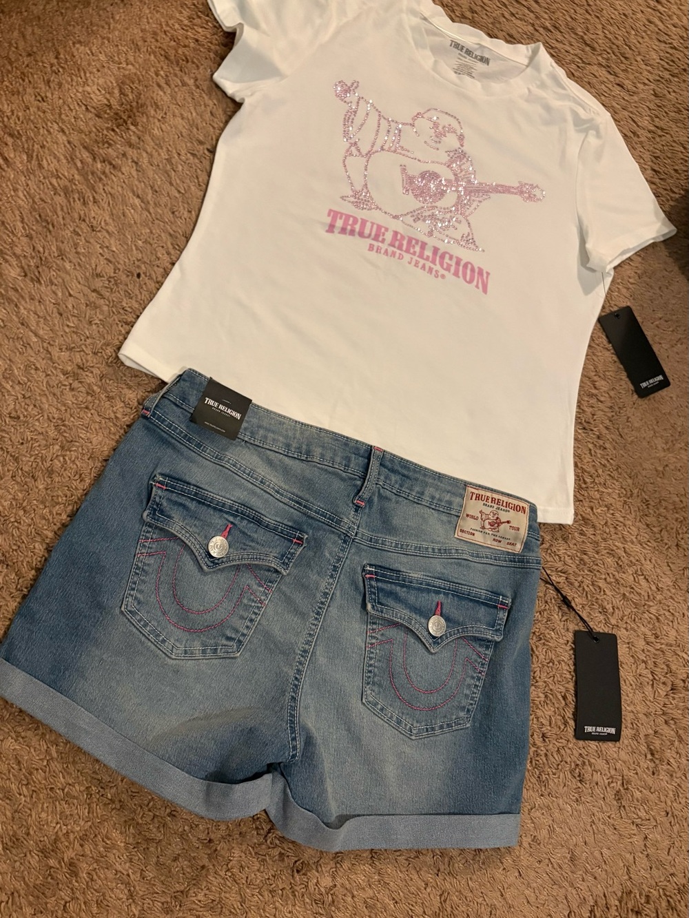 True Religion White Tee with Pink Rhinestone Logo - Women's Short Sleeve